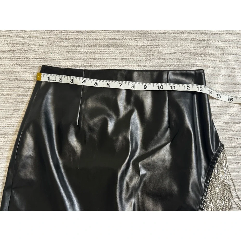Windsor Black Faux Leather Rhinestone Fringe Mini Skirt Small High Waisted Night